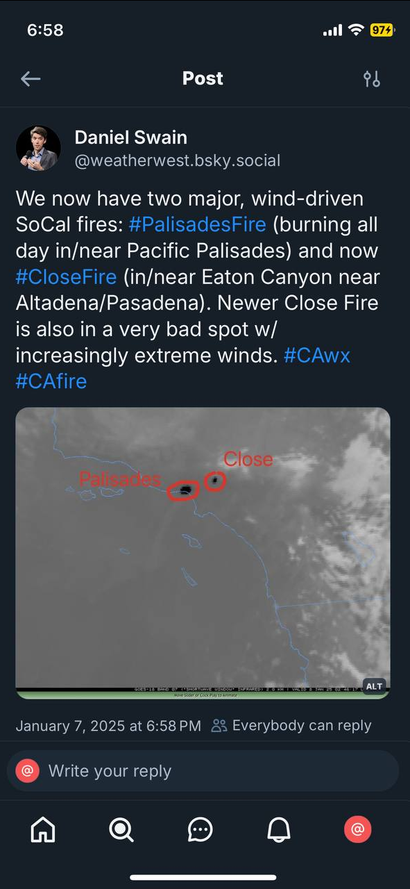 A Jan 7, 2025 at 6:58pm BlueSky post from Daniel Swain that includes a map featuring two fire spots and reads: "We now have two major, wind-driven SoCal fires: #PalisadesFire  (burning all day in/near Pacific Palisades) and now #CloseFire  (in/near Eaton Canyon near Altadena/Pasadena). Newer Close Fire is also in a very bad spot w/increasingly extreme winds. #CAwx  #CAfire"